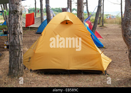 Camping dans la forêt avec beaucoup de tentes Banque D'Images