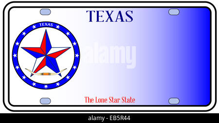 La plaque d'immatriculation du Texas en rouge blanc et bleu avec Lone Star State du texte sur un fond blanc Banque D'Images