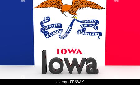 L'écriture avec le nom de l'Etat américain de l'Iowa fait de métal sombre en face de drapeau Banque D'Images