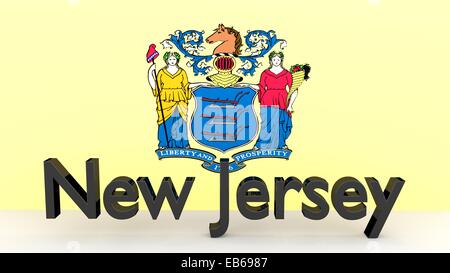 L'écriture avec le nom de l'Etat américain du New Jersey fait de métal sombre en face de drapeau Banque D'Images