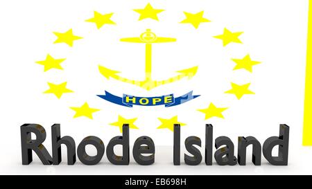 L'écriture avec le nom de l'Etat américain de Rhode Island a de black metal en face de drapeau Banque D'Images