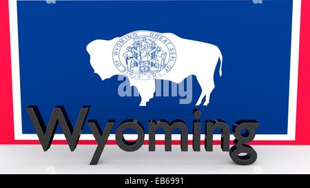 L'écriture avec le nom de l'Etat américain du Wyoming faits de métal sombre en face de drapeau Banque D'Images