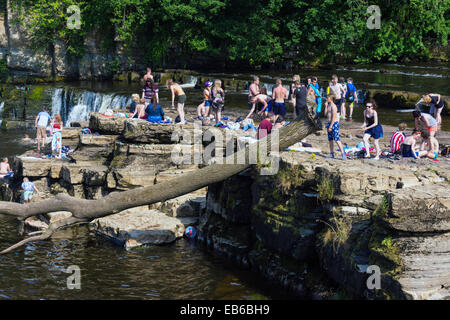 Des foules de jeunes qui jouent dans l'eau, l'été sur la rivière Swale, Richmond, North Yorkshire, Angleterre Banque D'Images