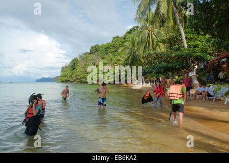 Groupe,chinois,tour, les touristes, la tuba tuba,,Koh Wai, Thaïlande . 27 Nov, 2014. Plongée avec tuba dans les eaux chaudes à Pakarang Resort, Koh Wai. Ces Chinois font partie des centaines qui visite chaque jour, mais peu de passer la nuit sur cette île. Le nombre de touristes en baisse par visiteur traditionnel, bien que les pays de l'augmentation de la Chine et de la Russie. Le premier ministre, un homme militaire inséré après le coup d'État, a annoncé que des élections ne peuvent être détenus jusqu'en 2016. Montrant d'abord un randonneur ayant volé des trucs et puis il se réchauffe dans le pays et son peuple. Crédit : Paul Quayle/Alamy Live News Banque D'Images