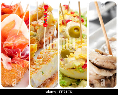 Un collage avec des tapas espagnoles, telles que pincho de tortilla, pincho de jambon, oeufs farcis ou boquerones Banque D'Images