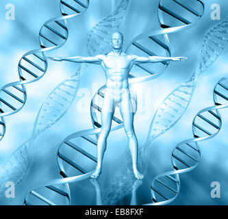 Antécédents médicaux avec 3D figure masculine sur fond des brins d'ADN Banque D'Images
