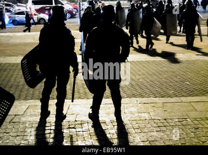 Kiev, Ukraine. 27 novembre, 2014. Le deuxième concert de Ani Lorak à Kiev accompagnée par des explosions de pétards, feux d'artifice et des bombes de fumée. Sous les slogans patriotiques ultras de football ont commencé à jeter des pierres et des pétards, des organismes d'application de la police, à son tour, jusqu'à récemment, a tenu le périmètre. Cependant, lorsque des activistes ont commencé à battre les membres du MUP, la police est allée à l'offensive. Les fans de football ont été rapidement dissipés. Crédit : Igor Golovnov/Alamy Live News Banque D'Images