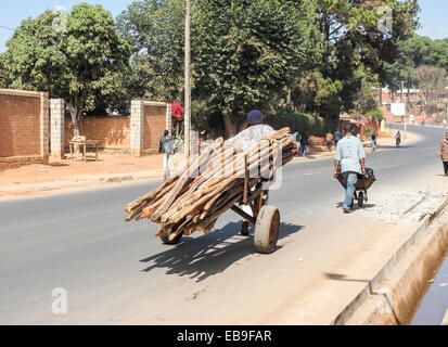 Un homme africain de haler un panier de poteaux en bois, dans une rue d'Antananarivo, ou Tana, capitale de Madagascar Banque D'Images