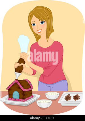 Doté d''une illustration Girl Decorating a Gingerbread House Banque D'Images