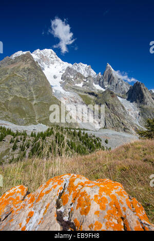 En regardant vers le Mont Blanc et le glacier du Miage d'en haut Val Veny, Italie. Banque D'Images