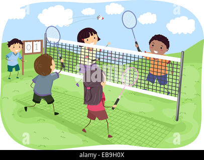 Illustration avec un groupe d'enfants jouant dans un parc de badminton en double Banque D'Images