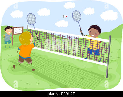 Illustration avec les enfants jouer au badminton Banque D'Images