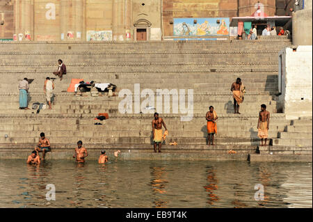 Les dévots dans les ablutions rituelles sur les rives du Gange, Varanasi, Benares, Uttar Pradesh, Inde Banque D'Images