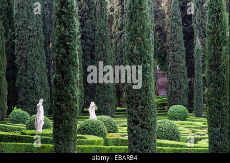 Dans les jardins Renaissance formels du Giardino Giusti, Vérone, Italie. Une vue verdoyante de cyprès, haies de boîtes coupées et statues Banque D'Images