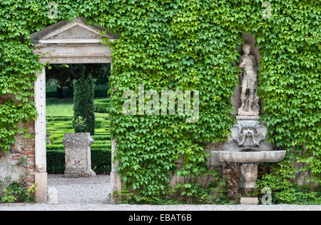 Les jardins Renaissance du Giardino Giusti, Vérone. Une fontaine et une statue d'Apollon dans la cour, avec un mur recouvert de Virginia Creeper Banque D'Images