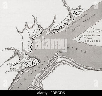 Carte du Québec, Canada lors du siège de 1759 au cours de la guerre de Sept Ans. Banque D'Images