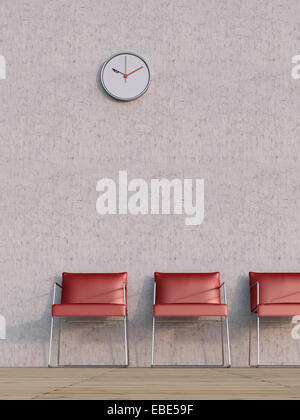 Illustration numérique de trois chaises rouges dans une rangée en face de mur de béton Banque D'Images