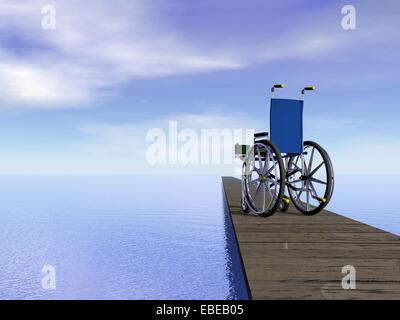 Un fauteuil roulant debout sur un ponton en face de l'océan par jour Banque D'Images