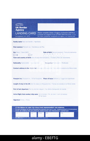 UK Border Agency carte de débarquement formulaire d'immigration Banque D'Images