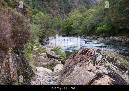 L'Afon (rivière) Glaslyn passe par le col de Beddgelert dans Aberglaslyn près de Snowdonia, le Nord du Pays de Galles. Banque D'Images