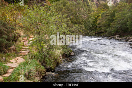 L'afon (rivière) glaslyn passe par le col de beddgelert dans aberglaslyn près de Snowdonia, le nord du Pays de Galles. Banque D'Images