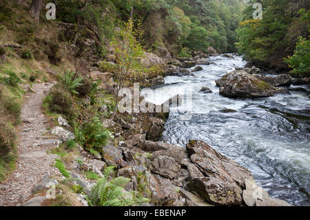 L'Afon (rivière) Glaslyn passe par le col de Beddgelert dans Aberglaslyn près de Snowdonia, le Nord du Pays de Galles. Banque D'Images