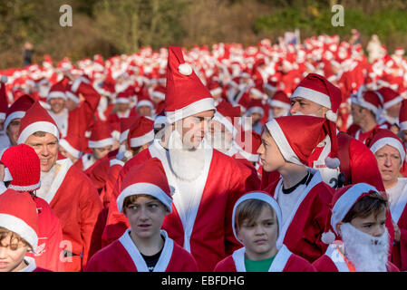 Les personnes (hommes, femmes et enfants) vêtus de rouge et blanc Père Noël Vêtements Chapeaux & fausses barbes, sont debout, attendant de prendre part à la grande Skipton Santa Fun Run, une course de bienfaisance annuelle de collecte de fonds organisé par le Rotary Club Aireville - Park, centre-ville de Skipton, Yorkshire du Nord, Angleterre, Royaume-Uni. Banque D'Images