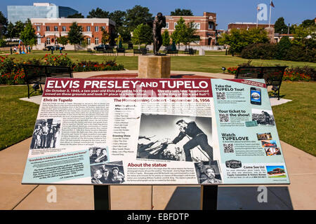 Plaque d'information sur le retour d'Elvis Statue en Fairpark. Site de l'Elvis 1956 homecoming concert MS Tupelo Banque D'Images