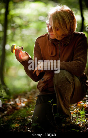 Femme est titulaire d'un champignon qu'elle a récoltés dans la forêt Banque D'Images