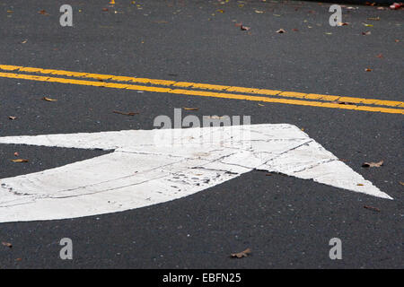 Flèche gauche et double ligne jaune sur une rue de Berkeley, Californie. Banque D'Images