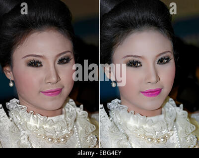 Avant et après la manipulation photoshop image d'une jeune femme asiatique Banque D'Images