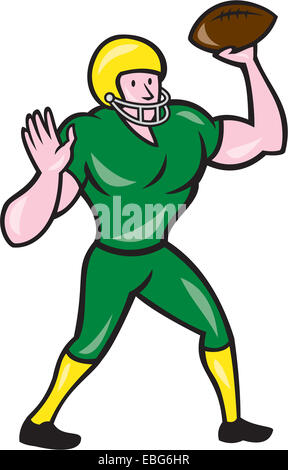 Illustration d'un joueur américain de football gridiron quarterback qb throwing ball set isolé sur fond blanc fait dans un style de dessin animé. Banque D'Images