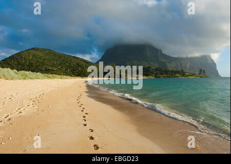 Plage déserte avec le Mont Lidgbird et le Mont Gower à l'arrière, Lord Howe Island, New South Wales, Australie Banque D'Images