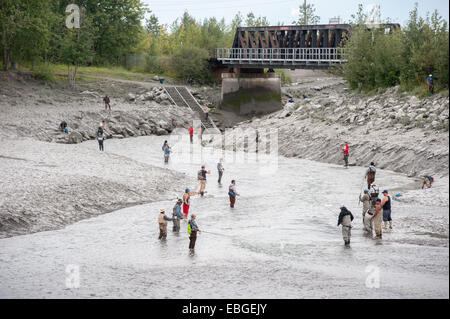 Pêcheur la pêche au saumon sur ship Creek dans le centre-ville d'Anchorage en Alaska Banque D'Images