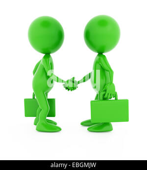 Traiter avec succès. Deux caractères verts 3d se serrer la main. Isolated on white Banque D'Images