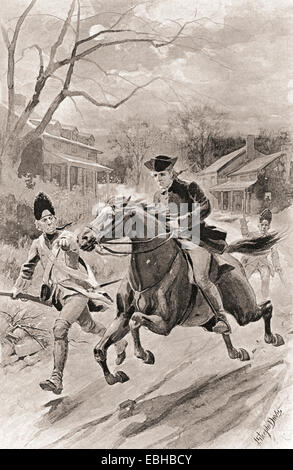 Paul Revere's ride de minuit, le 18 avril 1775, d'alerter la milice coloniale à l'approche des forces britanniques. Banque D'Images