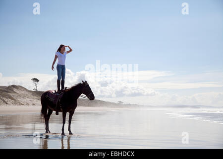 Horse Rider debout sur le cheval, Pakiri Beach, Auckland, Nouvelle-Zélande Banque D'Images