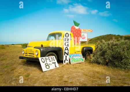 Camionnette jaune et de la confiture de fraise annonce sur route, Big Sur, Davenport, California, USA Banque D'Images