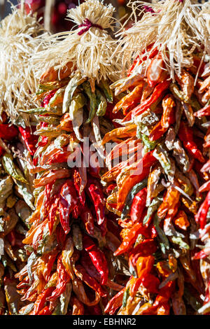 Chili ristras pendaison multicolores à Santa Fe New Mexico Banque D'Images