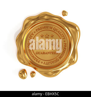 3D render of golden sceau en cire 100 % premium quality stamp isolé sur fond blanc Banque D'Images