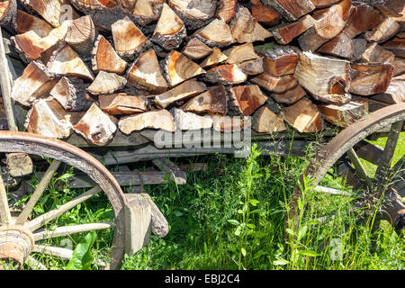 Bûches de bois de chauffage empilées dans des piles à l'extérieur d'un chalet, vieux chariot en bois, jardin en bois de bûches empilées chariot à roues en bois Banque D'Images