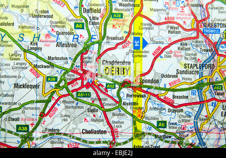 Carte routière de Derby, en Angleterre. Banque D'Images