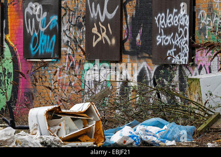 Les graffitis et dépotoir illégale à un système de chemin de fer abandonnée, l'Allemagne, en Rhénanie du Nord-Westphalie, région de la Ruhr, à Essen Banque D'Images