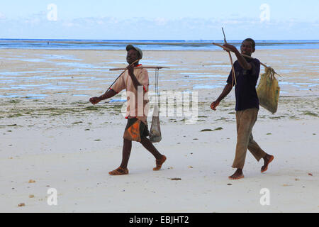 Deux hommes marchant sur une plage de sable fin, la Tanzanie, Sansibar Banque D'Images