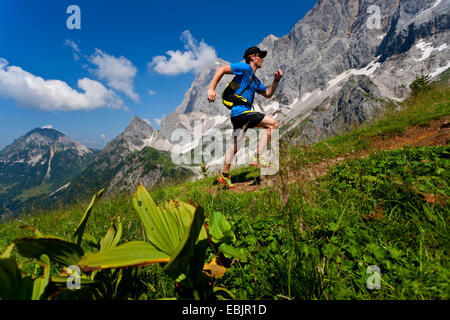 Jeune homme trail running dans les montagnes de Dachstein, Autriche, Styrie, Dachstein Banque D'Images