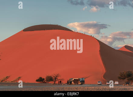 Grand groupe de touristes géant escalade dune de sable, le Parc National de Sossusvlei, Namibie Banque D'Images