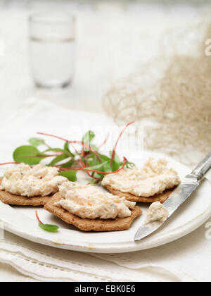 Snack-d'écossais du saumon poché terrines biscuits salés sur salade de bette à carde Banque D'Images