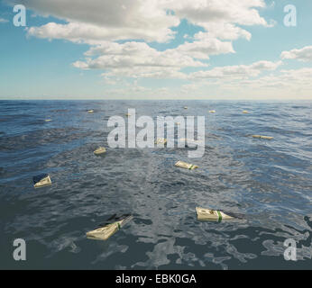 Grand groupe De one hundred dollar bill stacks flottant sur la mer de surface Banque D'Images