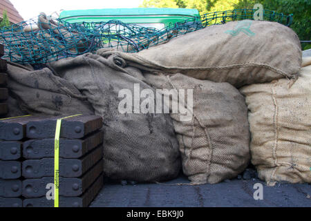 Briquettes de lignite empilés et de charbon à coke en sacs, sur un van, Allemagne Banque D'Images