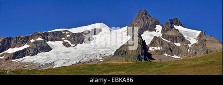 Summerly vue panoramique à l'Aiguille des Glaciers Aiguille des Glaciers (3 816 m) recouverte de glaciers et de vestiges de neige, France, Savoie Banque D'Images